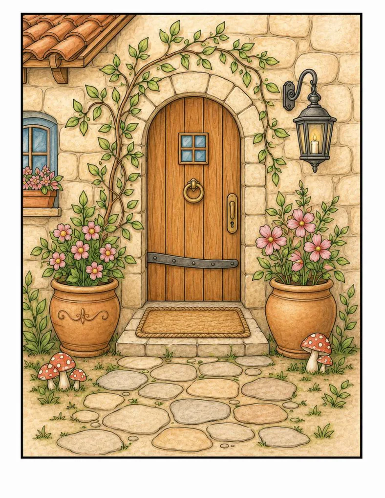 Ilustración a color de una puerta de madera rodeada de flores y macetas.