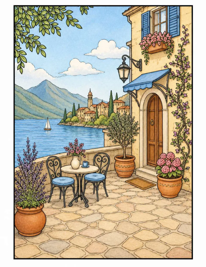 Ilustración a color de una terraza mediterránea con vistas a un lago.