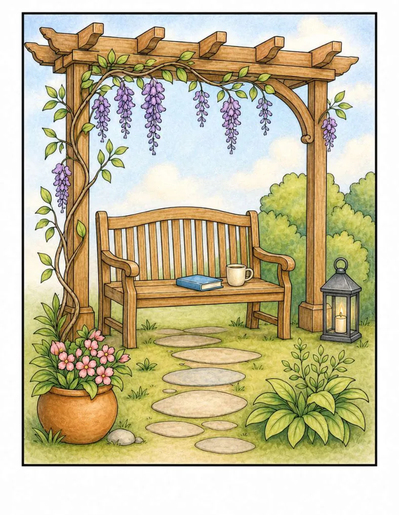 Ilustración a color de un banco en un jardín bajo una pérgola florida.