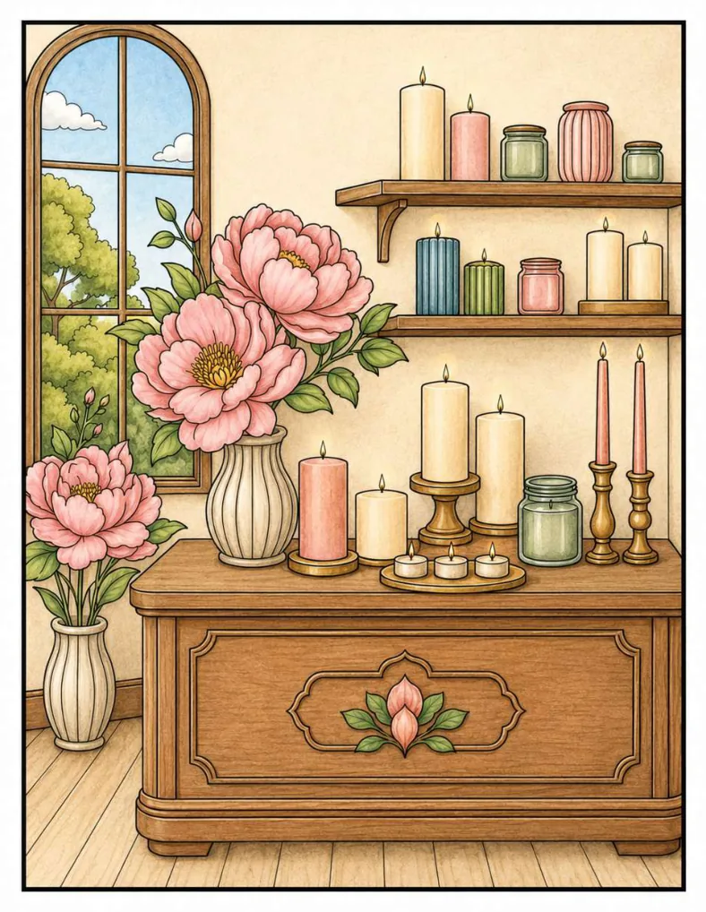 Ilustración a color de un jarrón con flores, velas y una ventana soleada.